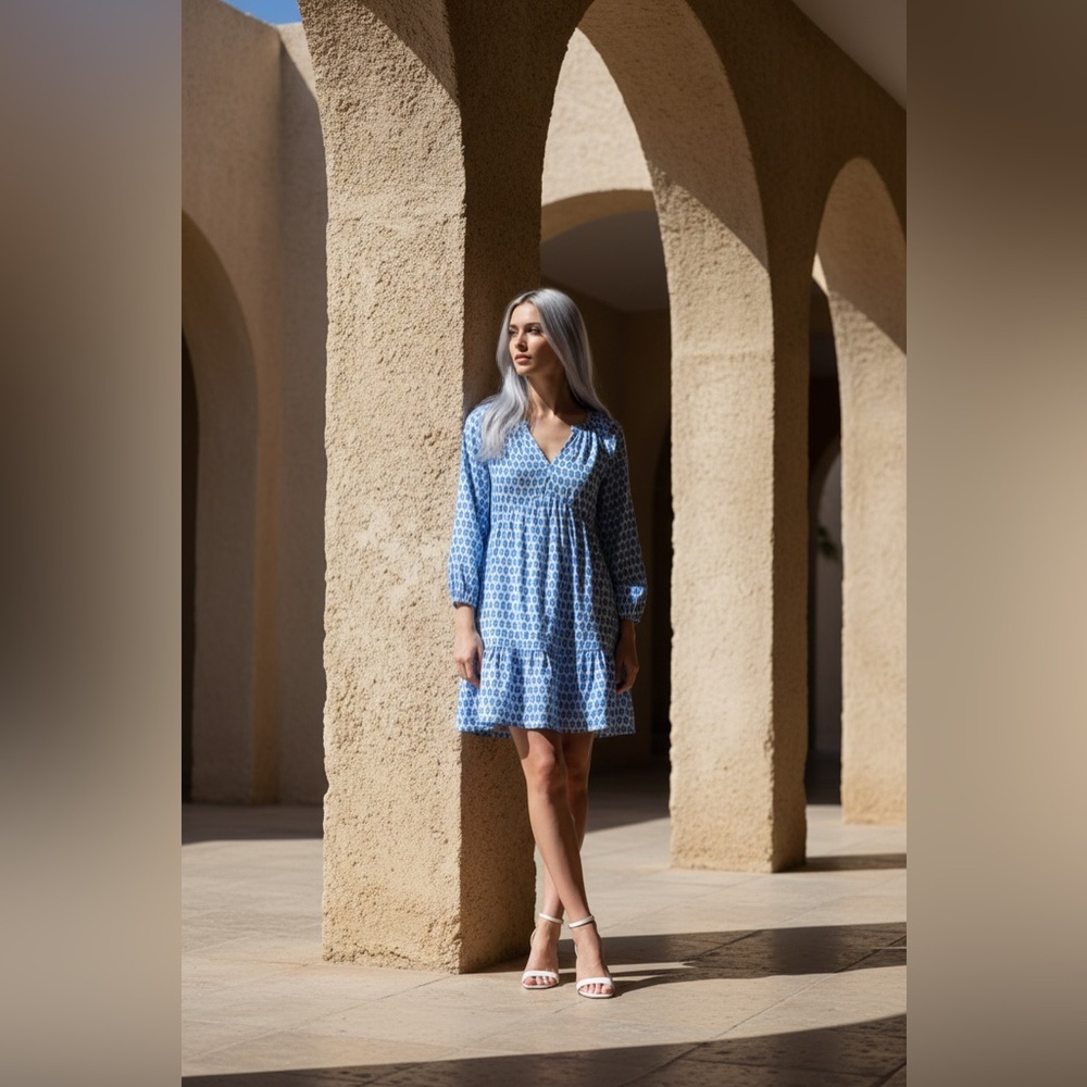 Vineyard Vines Light Blue Patterned Long Sleeve Dress - Picture 6 of 9